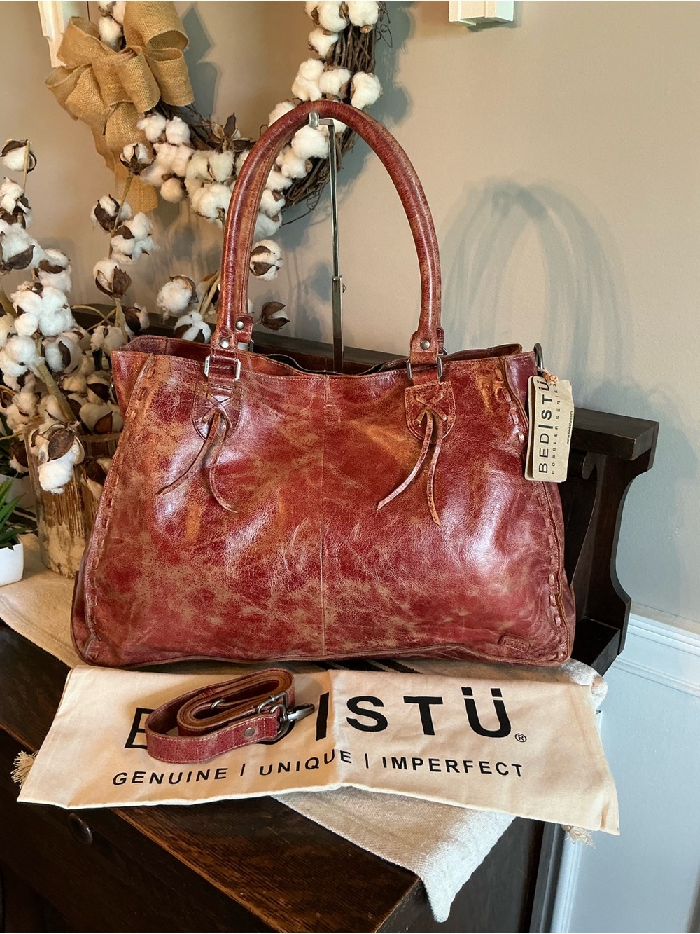NWT Bed Stu Leather Rockaway Shoulder Crossbody Bag Tote Cherry Red Lacquer $345 - Picture 4 of 16
